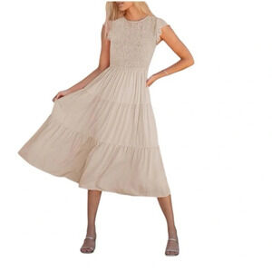 NWT ZESICA Women's Flutter Short Sleeve Smocked Midi  Summer Tiered A Line Dress